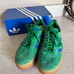 adidas Green Suede Athletic Sneakers with Blue Stripes